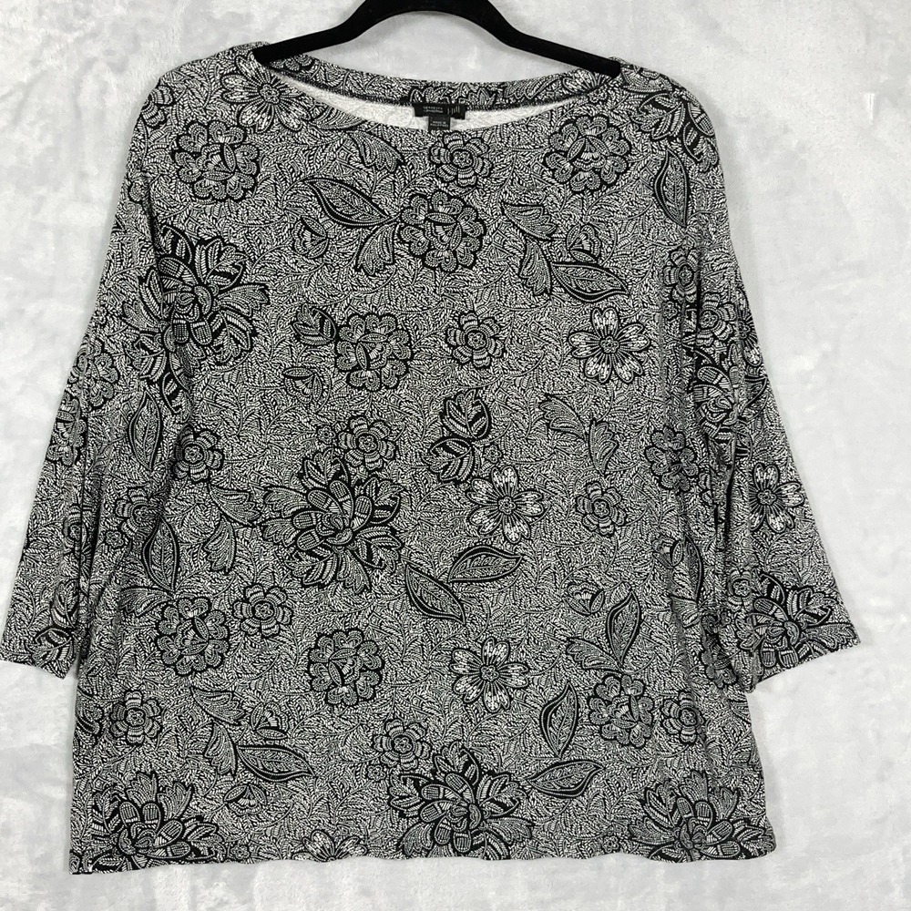 J Jill Wearever Collection 3/4 Sleeve Black White Floral Top L Stretch